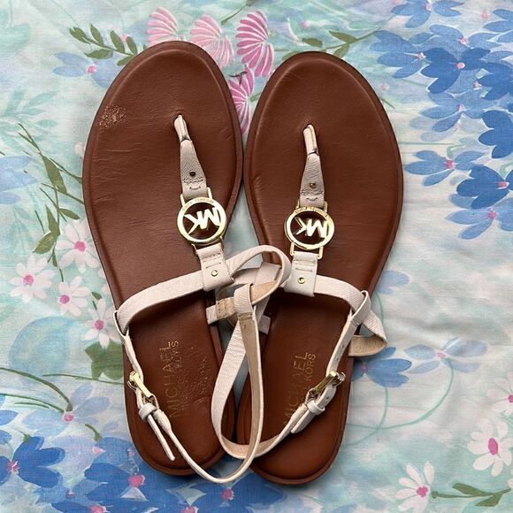 Michael Kors White Leather Logo Sandals Thongs - Picture 1 of 12